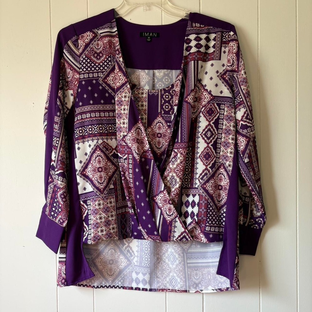 IMAN Global Chic Purple Faux Wrap Geometric Print Blouse Medium